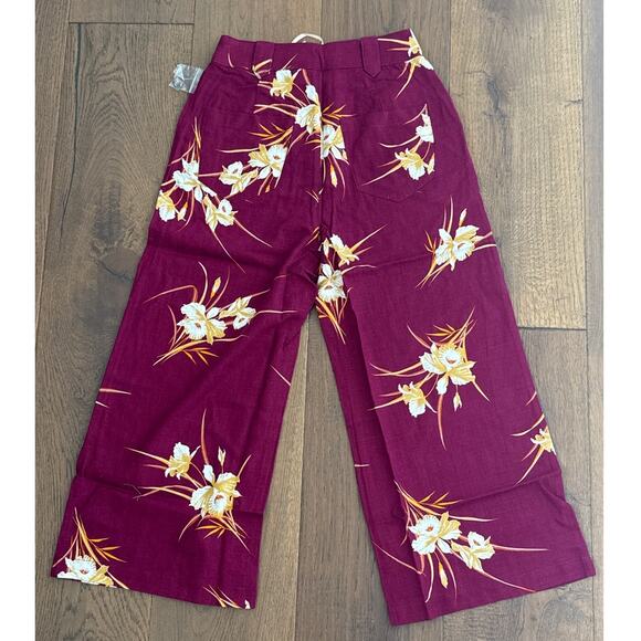 ModCloth Floral Print Linen Wide-Leg Cropped Pants Burgundy Womens Sz 00 NWT - Picture 2 of 10